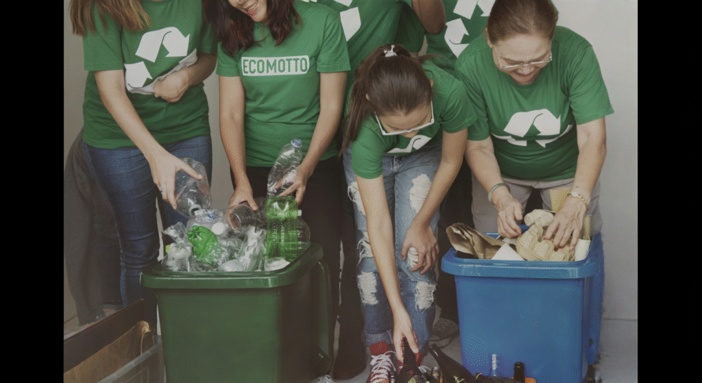 Diverse group of volunteers wearing matching green t-shirts with recycling symbols and slogans like 'ECOMOTTO', smiling and actively sorting plastic bottles, glass, and paper into green and blue bins during a community recycling drive, emphasizing teamwork and environmental awareness.
