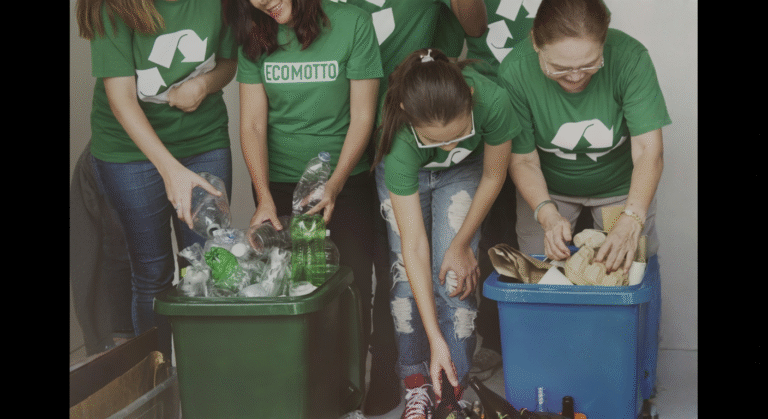 Diverse group of volunteers wearing matching green t-shirts with recycling symbols and slogans like 'ECOMOTTO', smiling and actively sorting plastic bottles, glass, and paper into green and blue bins during a community recycling drive, emphasizing teamwork and environmental awareness.